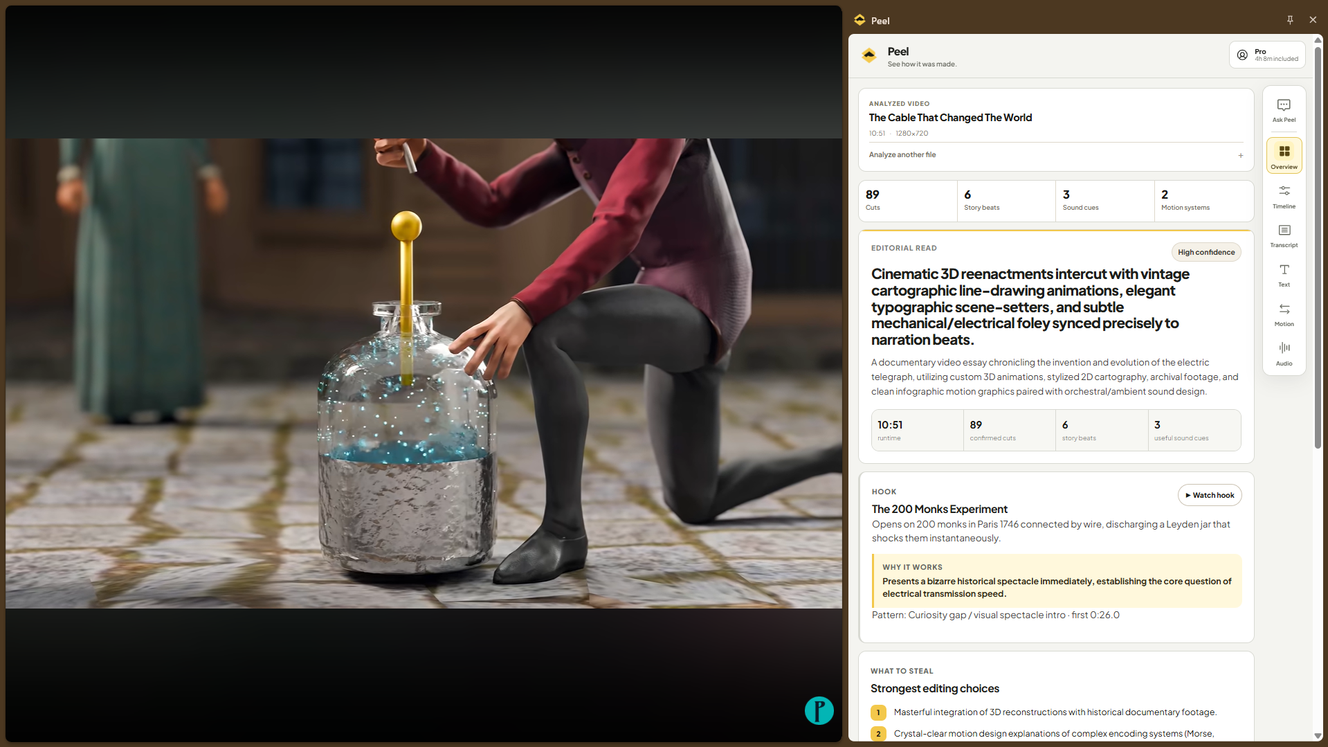 Peel open beside a YouTube video with the editing timeline and analysis visible